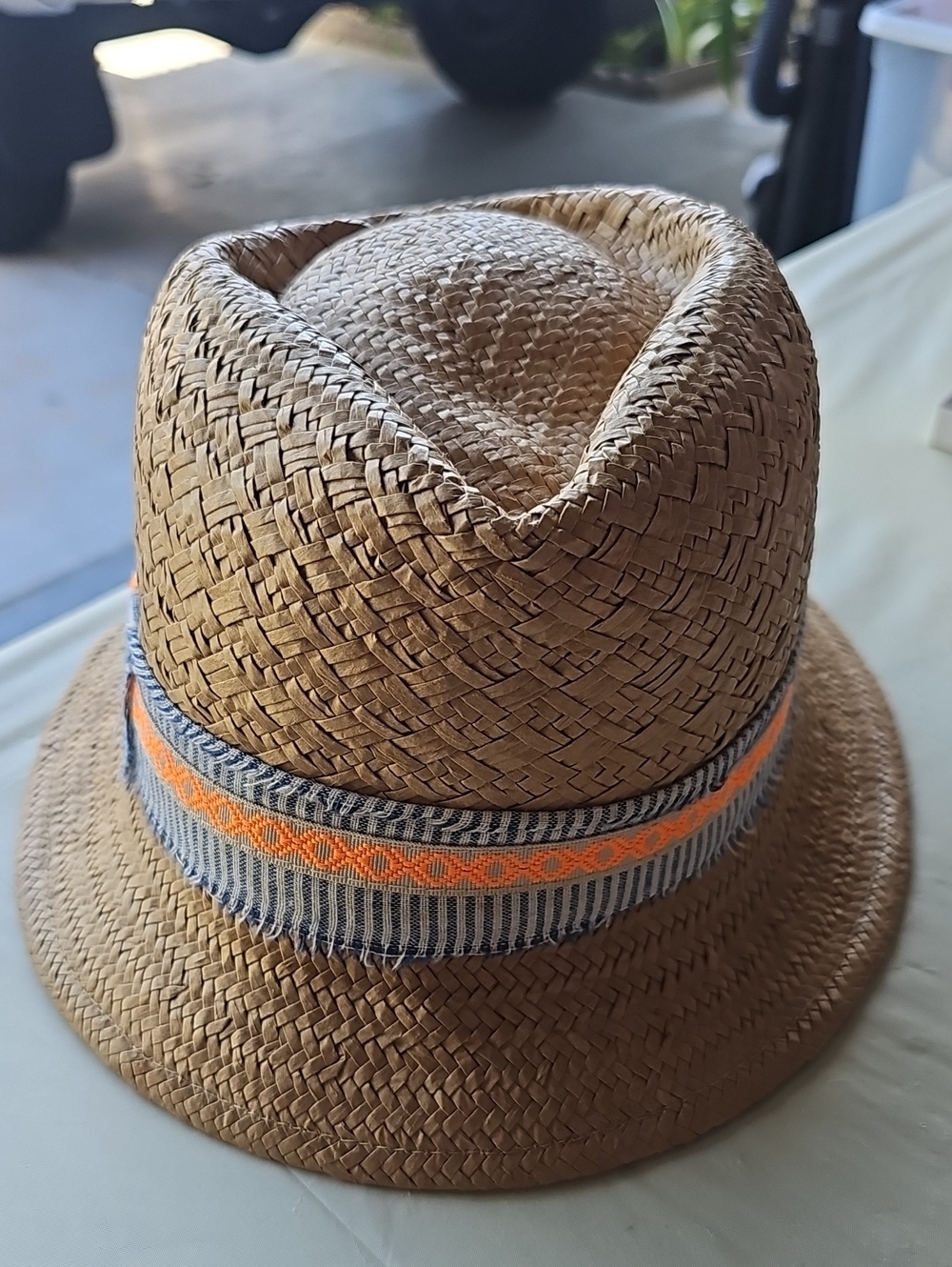 Women's Brown Straw Fedora Hat with Orange Trim